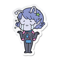 sticker of a cartoon crying alien girl