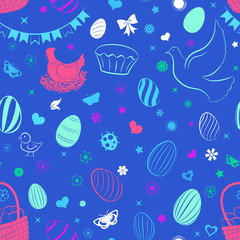 Seamless pattern of eggs, flowers, cakes, hare, hen, chicken and other Easter symbols, multicolored on blue