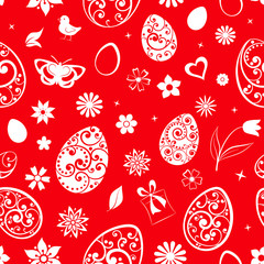 Seamless pattern of eggs, flowers, gift box, chicken and other Easter symbols, white on red