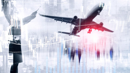 Forex trading, Financial market, Investment concept on business center background. Airplane.