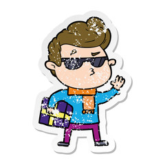 distressed sticker of a cartoon cool guy