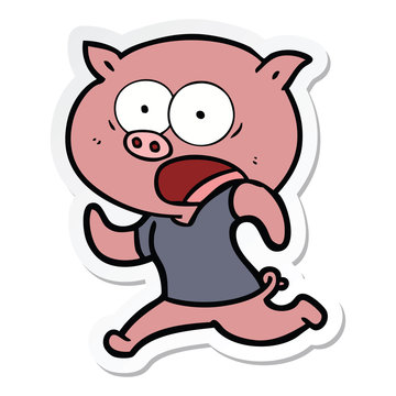 sticker of a cartoon pig running away