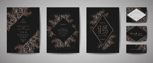 Luxury Flower Vintage Wedding Save the Date, Invitation Floral Cards Collection with Gold Foil Frame. Vector trendy cover, graphic poster, retro brochure, design template
