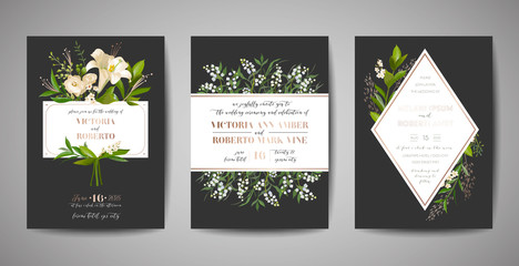 Set of Wedding Invitation, floral invite, thank you, rsvp rustic card design with gold foil decoration. Vector elegant modern template on black background
