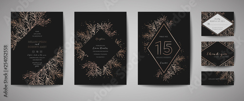 Luxury Flower Vintage Wedding Save the Date, Invitation Floral Cards Collection with Gold Foil Frame. Vector trendy cover, graphic poster, retro brochure, design template