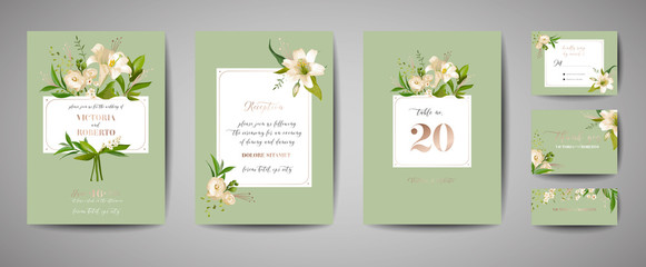 Floral wedding set of cards invitation, rsvp, thank you, reception, save the date, template design, trendy cover, graphic poster, brochure with white lily flowers and gold foil elements in vector