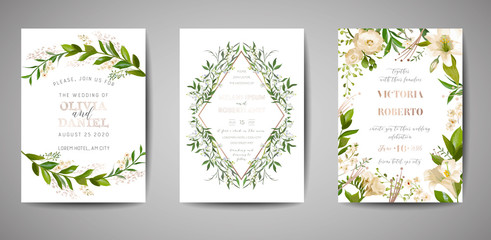 Set of Wedding Invitation, floral invite, thank you, rsvp rustic card design with gold foil decoration. Vector elegant modern template on white background