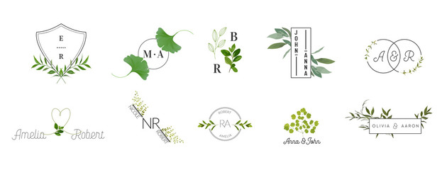 Wedding monogram logos collection, watercolor modern rustic and floral templates for Invitation cards, Save the Date, elegant identity for restaurant, boutique, cafe in vector