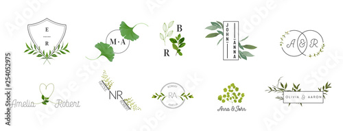 Wedding monogram logos collection, watercolor modern rustic and floral templates for Invitation cards, Save the Date, elegant identity for restaurant, boutique, cafe in vector