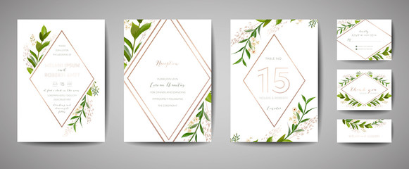 Luxury Flower Vintage Wedding Save the Date, Invitation Floral Cards Collection with Gold Foil Frame. Vector trendy cover, graphic poster, retro brochure, design template