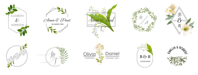 Big set of Wedding monogram logos collection, hand drawn watercolor rustic and floral templates for Invitation cards, Save the Date, elegant identity for restaurant, boutique, cafe in vector
