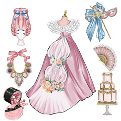 Fashion Carnival Vintage illustration - Group of vintage objects - Old century fashion items