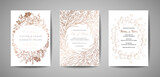 Set of luxury Wedding Save the Date, Invitation Cards Collection with Gold Foil Leaves, Flowers and Wreath. Vector trendy cover, graphic poster, floral brochure, design template