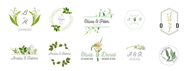 Big set of Wedding monogram logos collection, hand drawn watercolor rustic and floral templates for Invitation cards, Save the Date, elegant identity for restaurant, boutique, cafe in vector