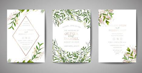 Set of Wedding Invitation, floral invite, thank you, rsvp rustic card design with gold foil decoration. Vector elegant modern template on black background