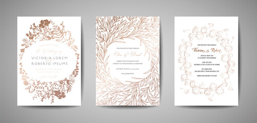 Set of luxury Wedding Save the Date, Invitation Cards Collection with Gold Foil Leaves, Flowers and Wreath. Vector trendy cover, graphic poster, floral brochure, design template