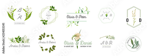 Big set of Wedding monogram logos collection, hand drawn watercolor rustic and floral templates for Invitation cards, Save the Date, elegant identity for restaurant, boutique, cafe in vector