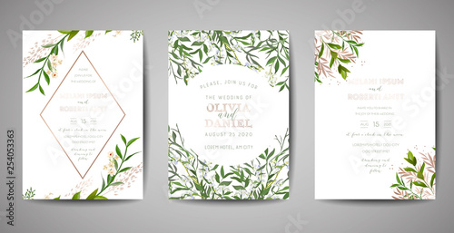 Set of Wedding Invitation, floral invite, thank you, rsvp rustic card design with gold foil decoration. Vector elegant modern template on black background