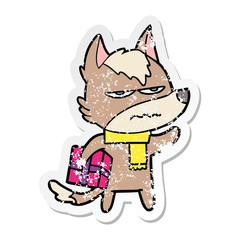 distressed sticker of a cartoon annoyed wolf