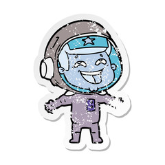 distressed sticker of a cartoon laughing astronaut