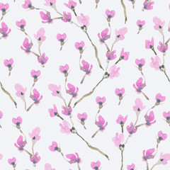 Watercolor Spring Seamless Pattern, Blooming Branches of Cherry