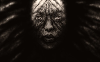 Creepy witch girl face with black developing hair.