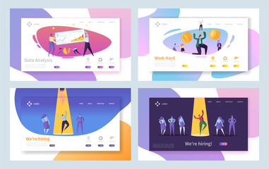 Business Job Recruitment Hard Work Landing Page Set. Recruitment Choice Interview. Hard Investment Progress Character with Barbell Website or Web Page. Flat Cartoon Vector Illustration