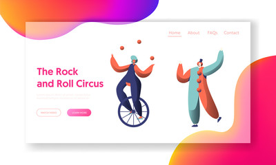 Fun Circus Show with Clown Unicycle Acrobat Landing Page. Woman Cyclist Juggler Balance. Holiday Carnival Scene Show. People Character Performer Website or Web Page. Flat Cartoon Vector Illustration © Pavlo Syvak