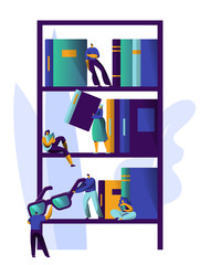 Man Studying Literature at Library Book Shelf. Magazine Bookcase Design Collection. People Relax in Academic Bookshelf at University Bookstore Information Stack. Flat Cartoon Vector Illustration