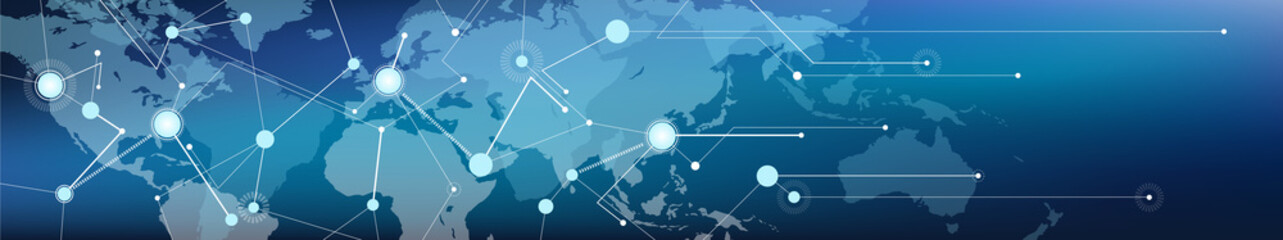 connected world map banner – communication / logistics and transportation / commerce, digitalization and connectivity, vector illustration - obrazy, fototapety, plakaty
