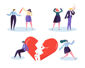 Fototapeta na wymiar Broken Heart People Love Relation Concept. Unhappy Male and Female Character Suspect Partner Jealousy. Wife See How Husband Talking with Girlfriend. Flat Cartoon Vector Illustration
