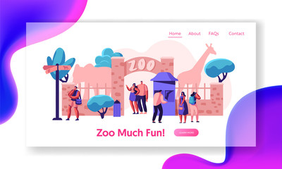 Zoo Entrance Gate with Giraffe Elephant Landing Page. Many People Come to Exotic African Animal Park. Family Summer Weekend Outdoor. Woman Visitor Website or Web Page. Flat Cartoon Vector Illustration