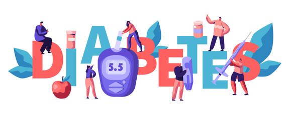 Diabetes Blood Sugar Level Test at Digital Glucometer Typography Poster. Doctor Measuring Glucose with Online Device at Blue Monitoring Equipment Advertising Banner Flat Cartoon Vector Illustration