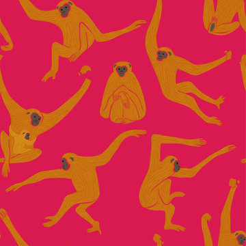 Seamless Pattern With Gibbon Monkey In Action.