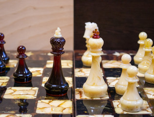 Black and white chess pieces on a chess board