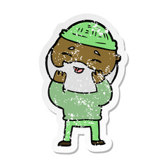 distressed sticker of a cartoon happy bearded man