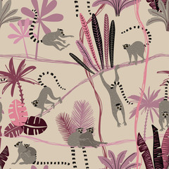 Lemur In Jungle Seamless Pattern.