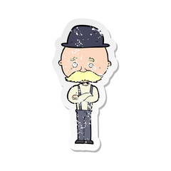 retro distressed sticker of a cartoon man wearing bowler hat