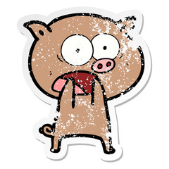 distressed sticker of a cartoon pig shouting