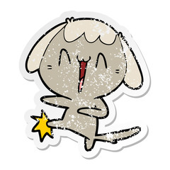 distressed sticker of a cartoon laughing dog kicking