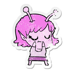 distressed sticker of a smiling alien girl cartoon