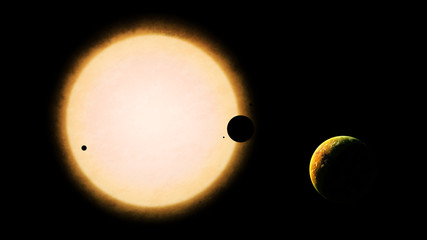 alien planet system, exoplanets orbiting a ultra-cool dwarf star  (3d space illustration, science fiction background)