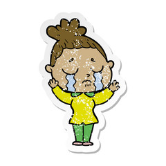 distressed sticker of a cartoon crying woman