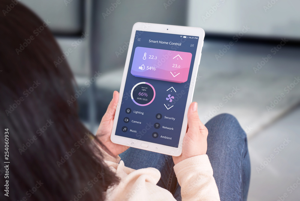 Poster smart home control automation app concept. woman use tablet with modern flat desing app to control l