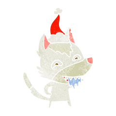 retro cartoon of a hungry wolf wearing santa hat
