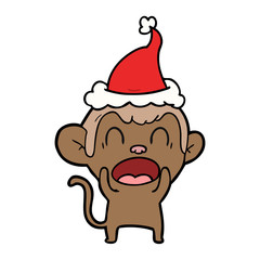 shouting line drawing of a monkey wearing santa hat