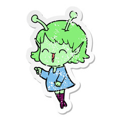distressed sticker of a cartoon alien girl laughing