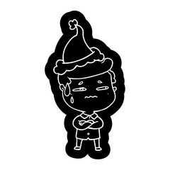 cartoon icon of a anxious man wearing santa hat