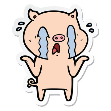 sticker of a crying pig cartoon