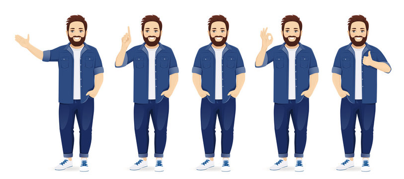 Handsome big man in casual clothes standing in different poses set isolated vector illustration